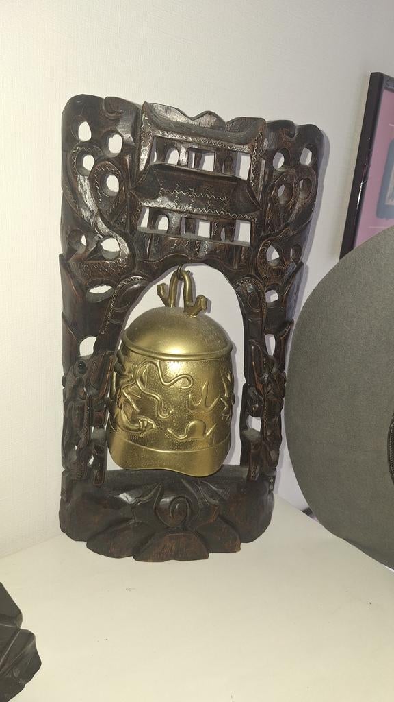 Antieke brons gong Chinees Japanse houtsnijwerk, Antiek en Kunst, Ophalen of Verzenden