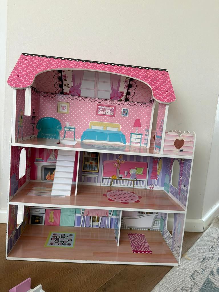 Roze poppenhuis met meubels, Ophalen of Verzenden, Gebruikt, Poppenhuis