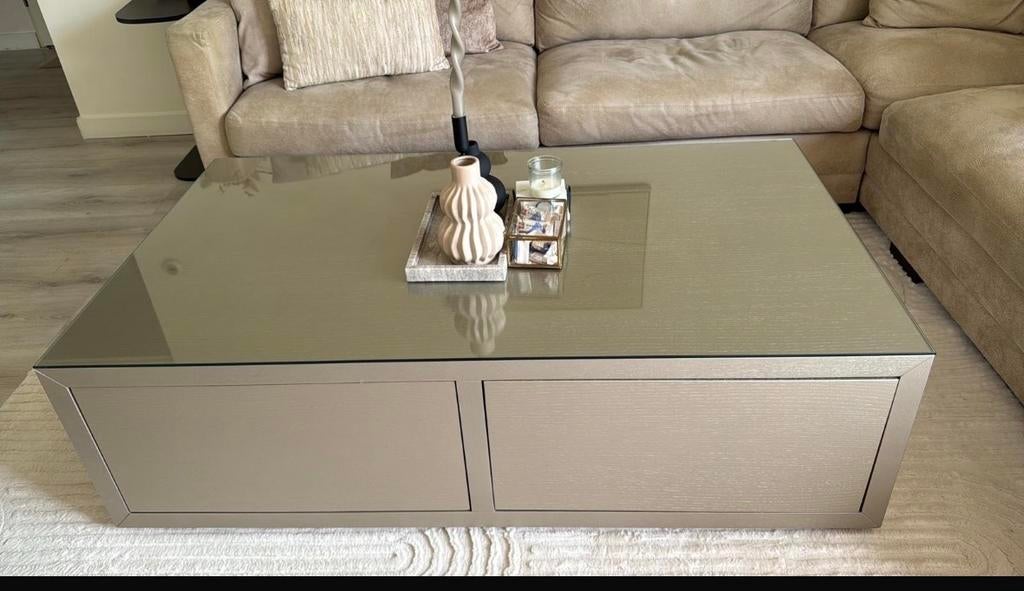Moderne salontafel met glasplaat en 2 ladeblokken, Gebruikt, 50 tot 100 cm, 100 tot 150 cm, Ophalen of Verzenden