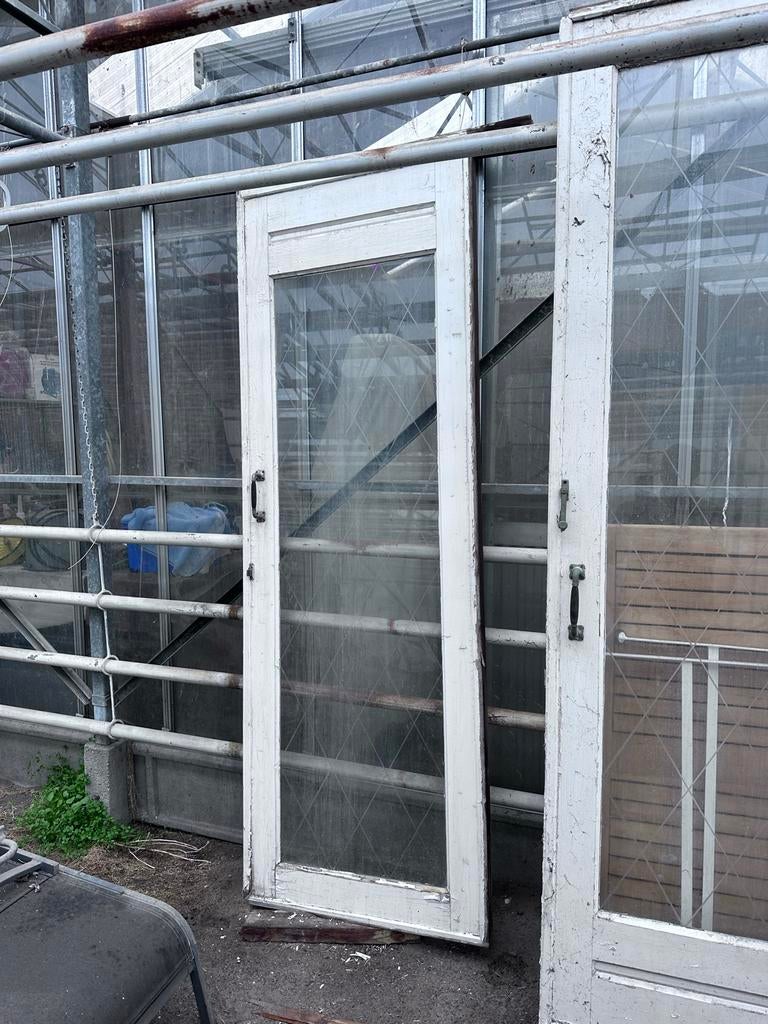 Twee witte schuifdeuren met glas, Ophalen, Gebruikt, 80 tot 100 cm, Binnendeur