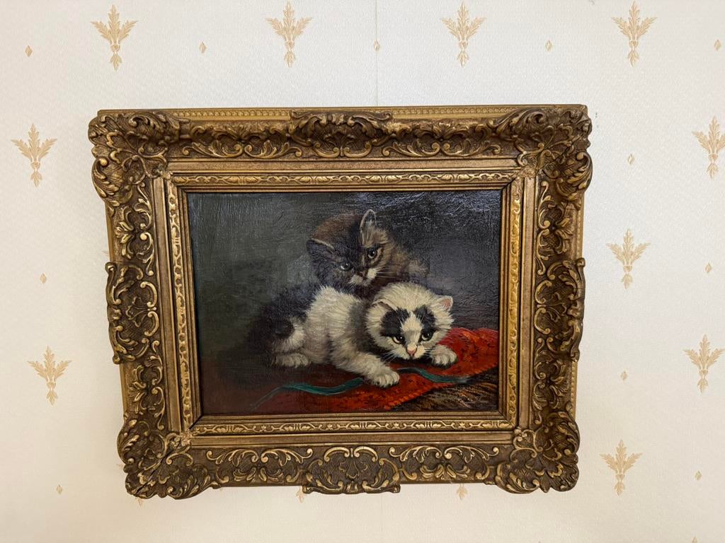 Antiek schattig poezen schilderij in zeer mooie staat, Ophalen