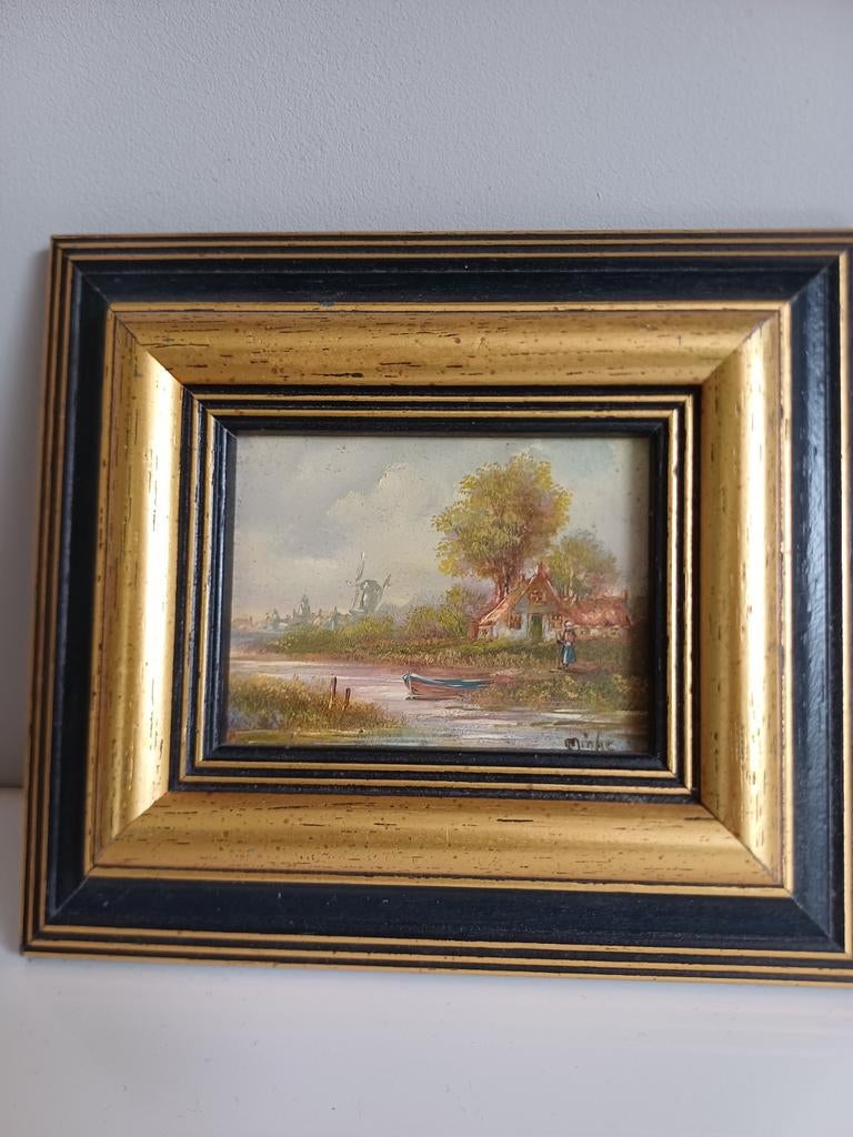 Oud klein oliegeverfd schilderijtje landschap, Ophalen of Verzenden