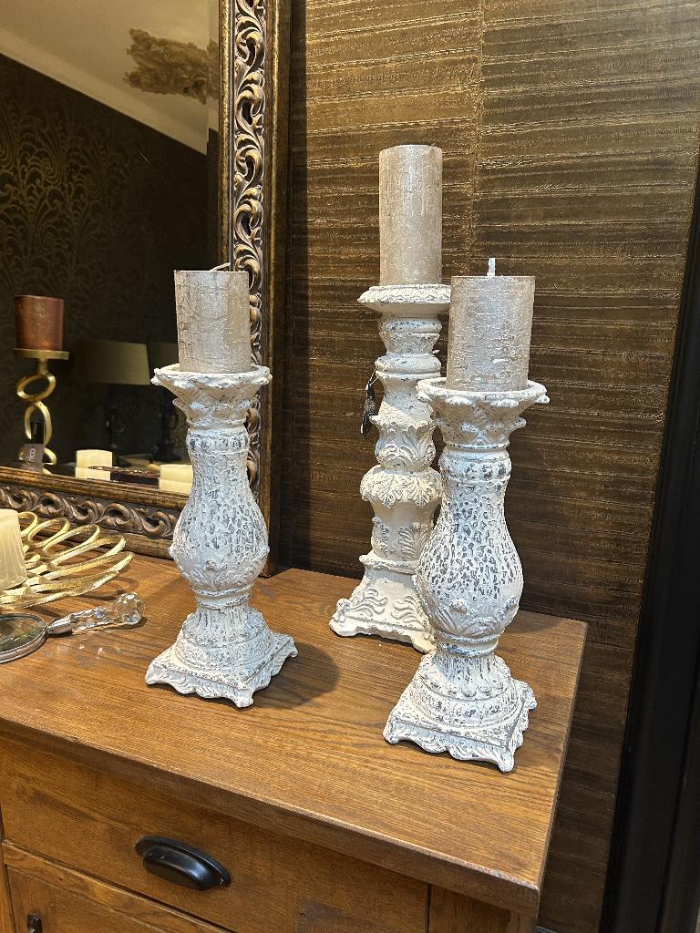 Set van 3 stenen kandelaars wit/grijs, Ophalen, Overige materialen, 25 tot 50 cm, Nieuw