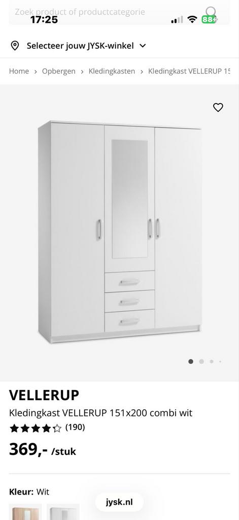 Witte kledingkast VELLERUP 151x200 combi - Zo goed als nieuw, Huis en Inrichting, Kasten | Kledingkasten, Ophalen of Verzenden