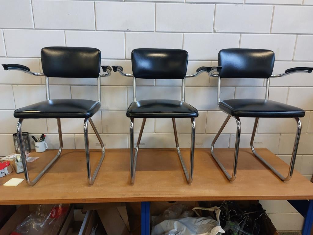 3 vintage mid-century buisframestoelen, Ophalen, Gebruikt, Drie, Zwart