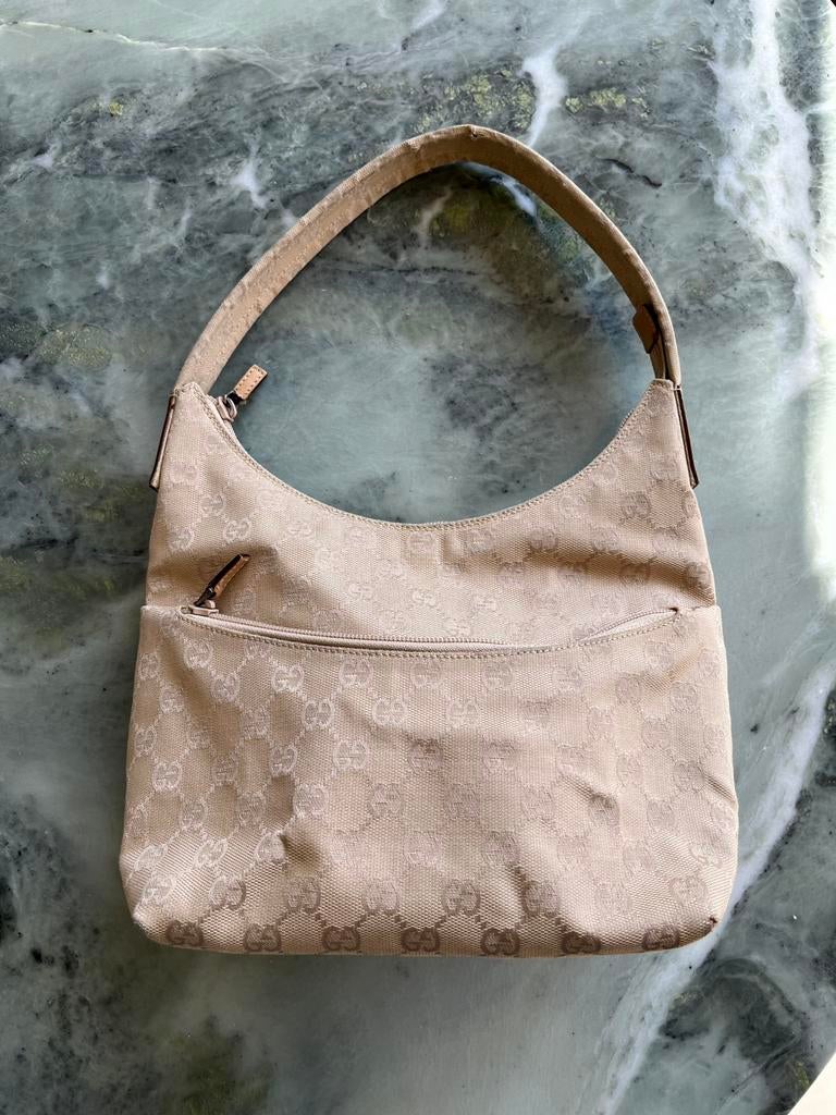 Vintage Gucci Monogram Tas, Sieraden, Tassen en Uiterlijk, Ophalen of Verzenden, Gebruikt, Beige, Schoudertasje