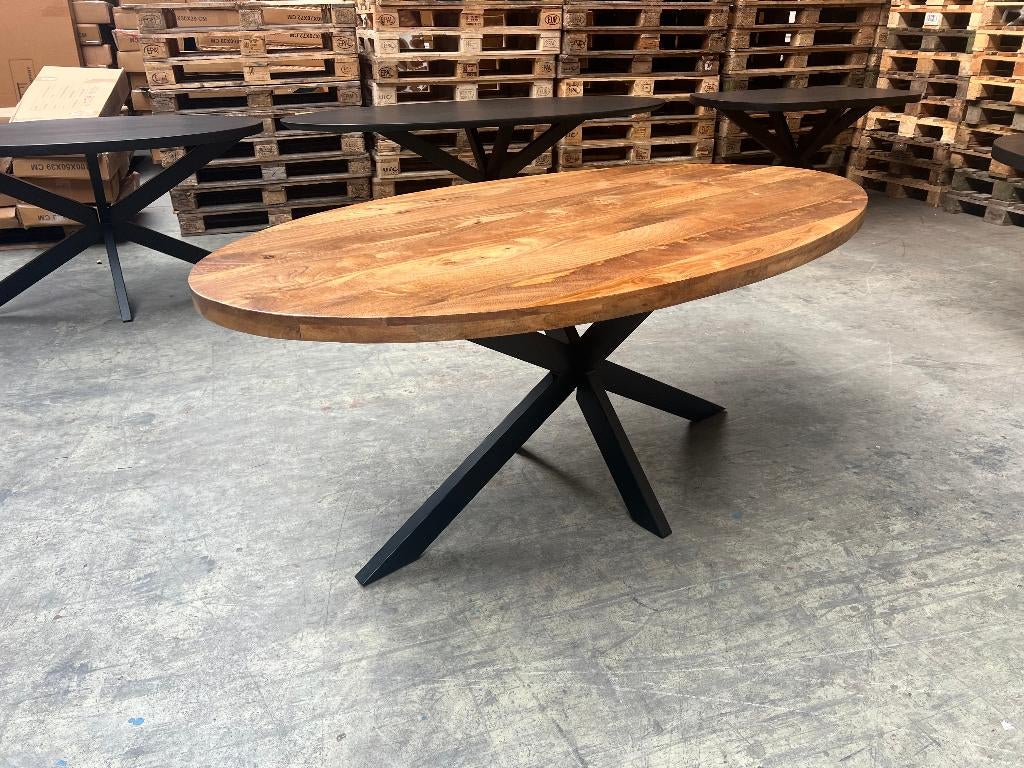Ovale mango eettafel 220x100cm incl. spinpoot, Huis en Inrichting, Ophalen, Overige materialen, 100 tot 150 cm, Vijf personen of meer