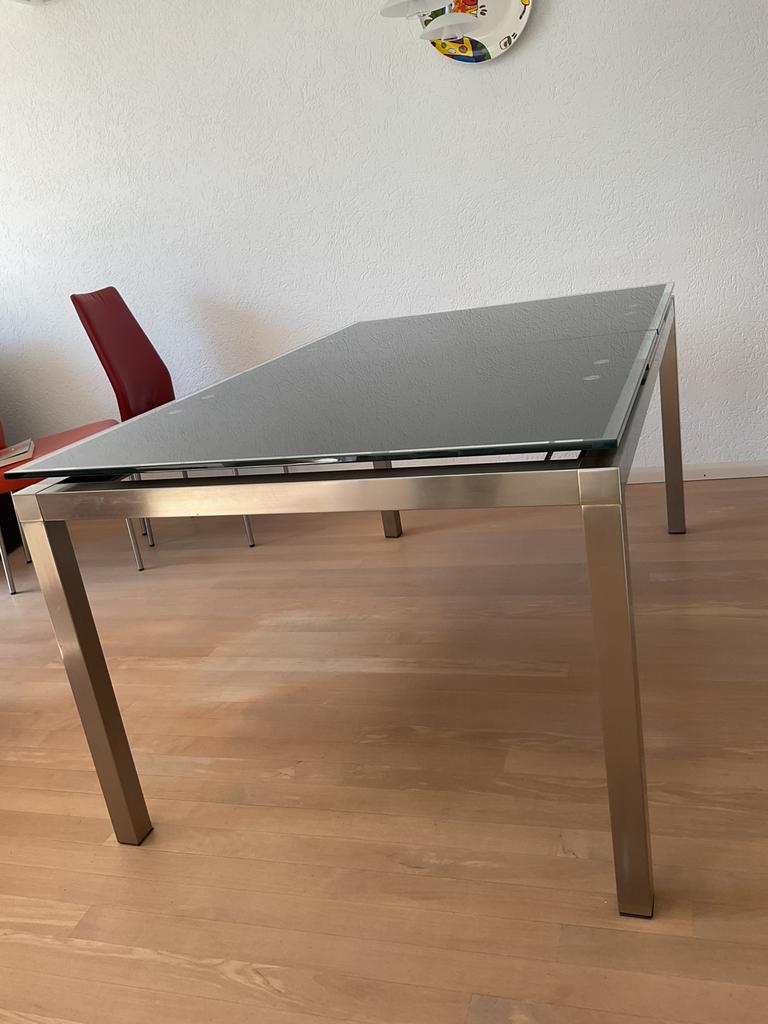 Eetkamertafel glazen blad, Huis en Inrichting, 200 cm of meer, Zo goed als nieuw, Glas, Modern