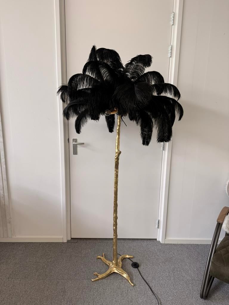Gouden vloerlamp met zwarte veren, Ophalen, Zo goed als nieuw, Metaal, 150 tot 200 cm