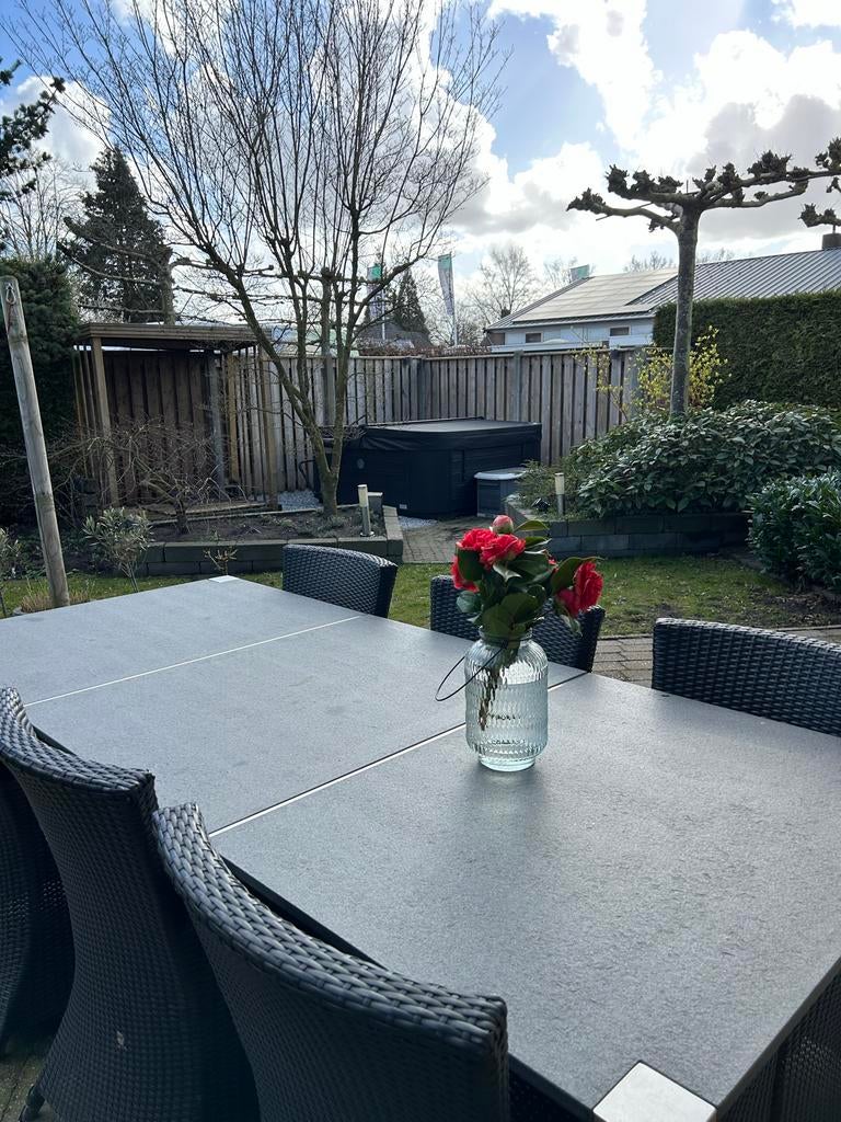 Tuinset met  natuursteen blad en 6 stoelen, Tuin en Terras, Tuinsets en Loungesets, Ophalen, Overige materialen, Gebruikt, Eettafel