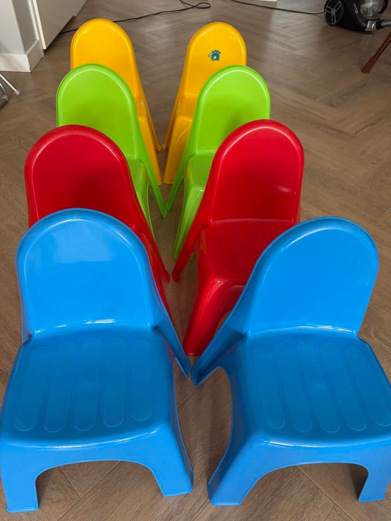 2 sets kinder eetset: 2 tafels en 8 stoelen (plastic), Kinderen en Baby's, Ophalen of Verzenden, Gebruikt, Tafel(s) en Stoel(en)