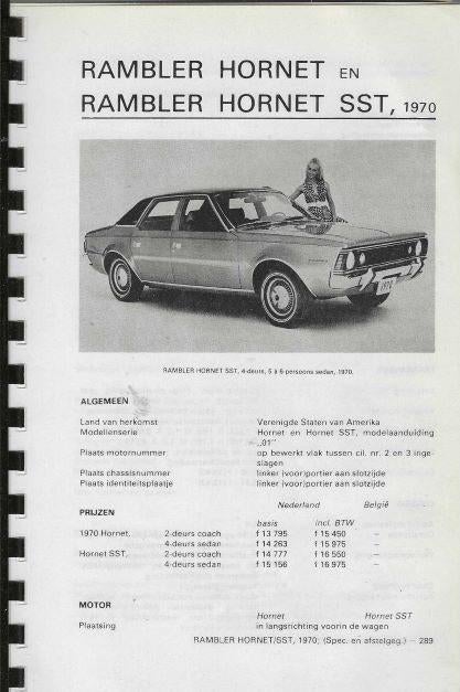USA Cars Rambler Hornet spec's en afstelgegevens 1970, Verzenden