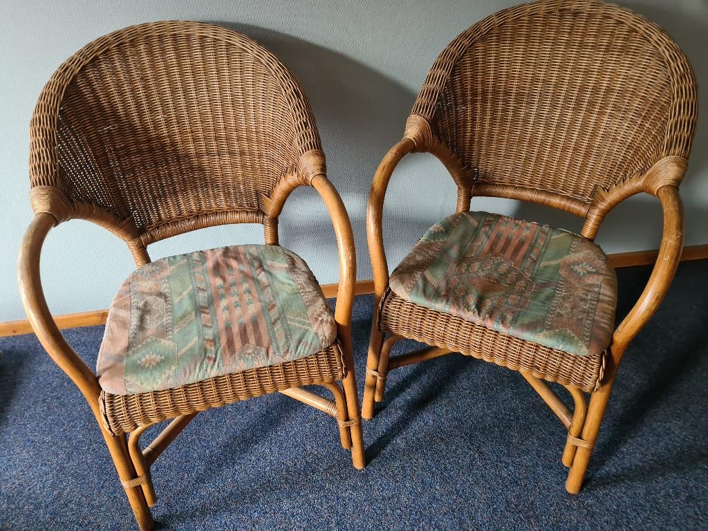 2 Stoelen riet, rotan met kussentjes., Ophalen, Gebruikt, Twee, Bruin