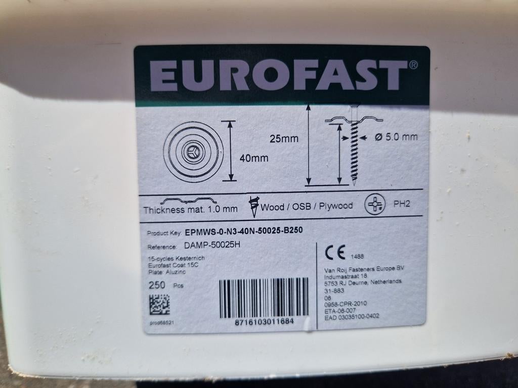 Eurofast dakschroeven 55 stuks - 5.0 x 40 mm, Doe-het-zelf en Verbouw, IJzerwaren en Bevestigingsmiddelen, Ophalen, Nieuw, Minder dan 50 mm