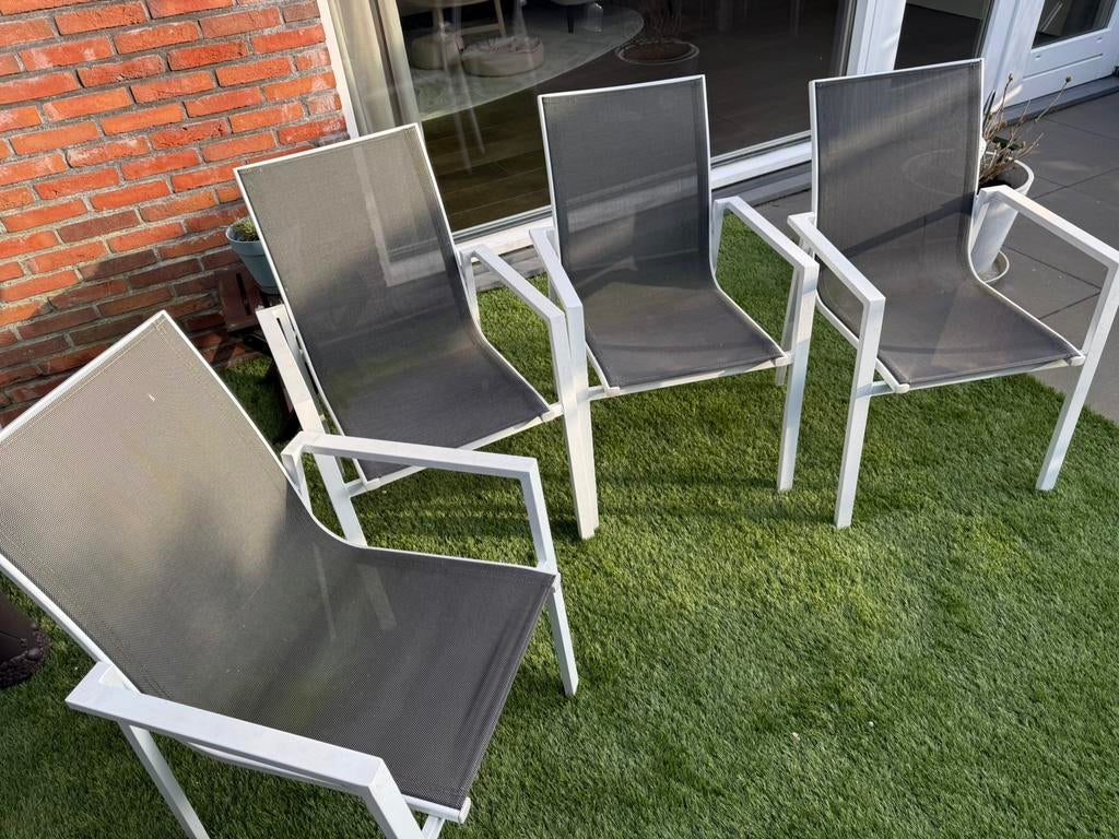 Tuinstoelen set 4 stuks - Textileen antraciet, Wit metaal, Ophalen, Zo goed als nieuw, Textileen, Stapelbaar