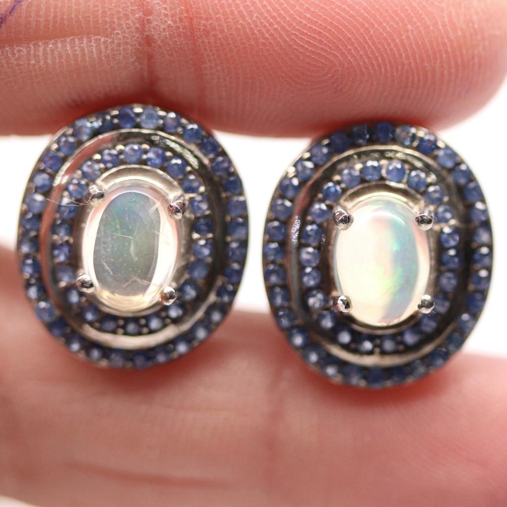oorbellen 925 ziler 14 k wit goud verguld Opaal en Saffier, Blauw, Nieuw, Ophalen of Verzenden, Met edelsteen