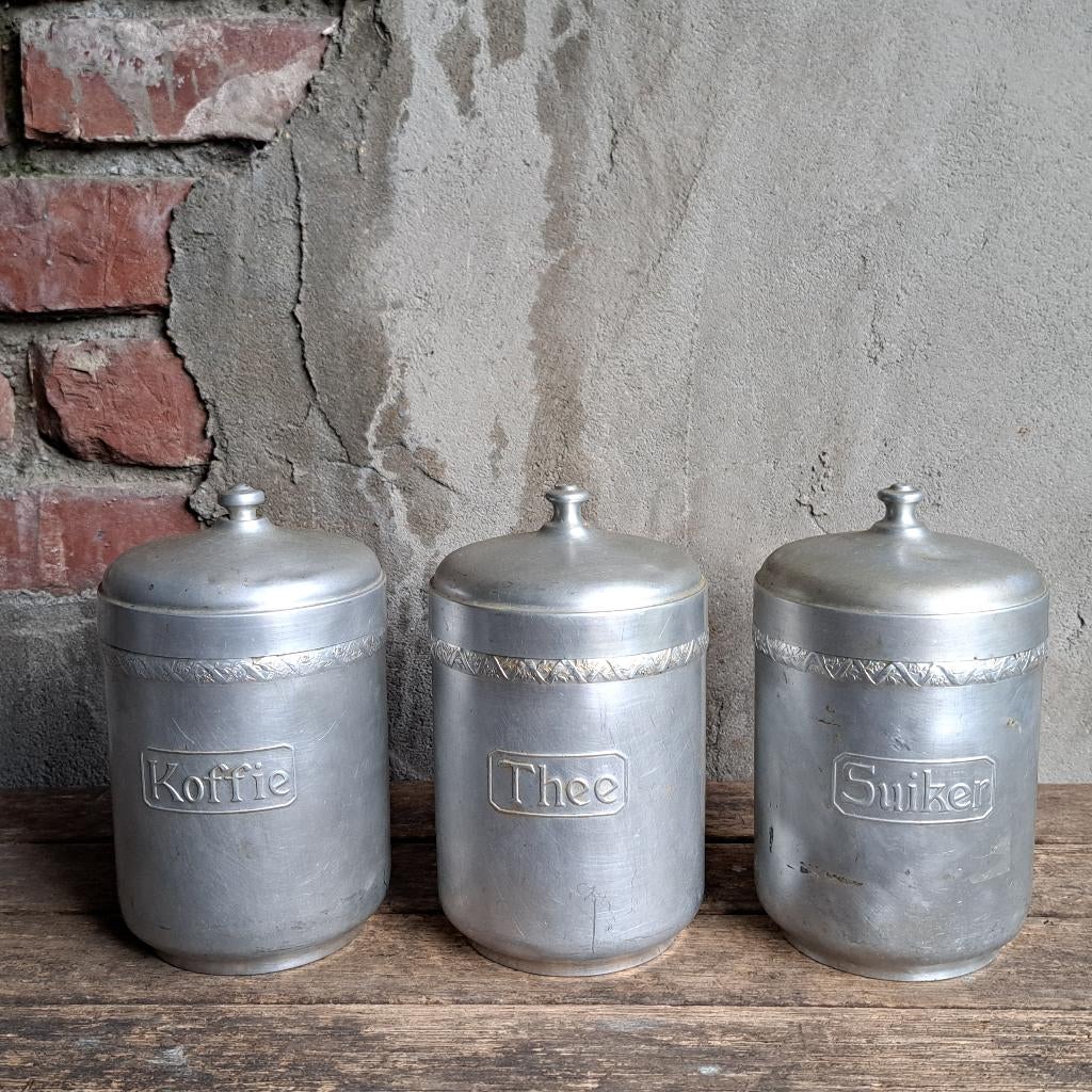Set 3x oude aluminium voorraadpot Koffie Thee Suiker Etage3, Gebruikt, ., Ophalen of Verzenden, .
