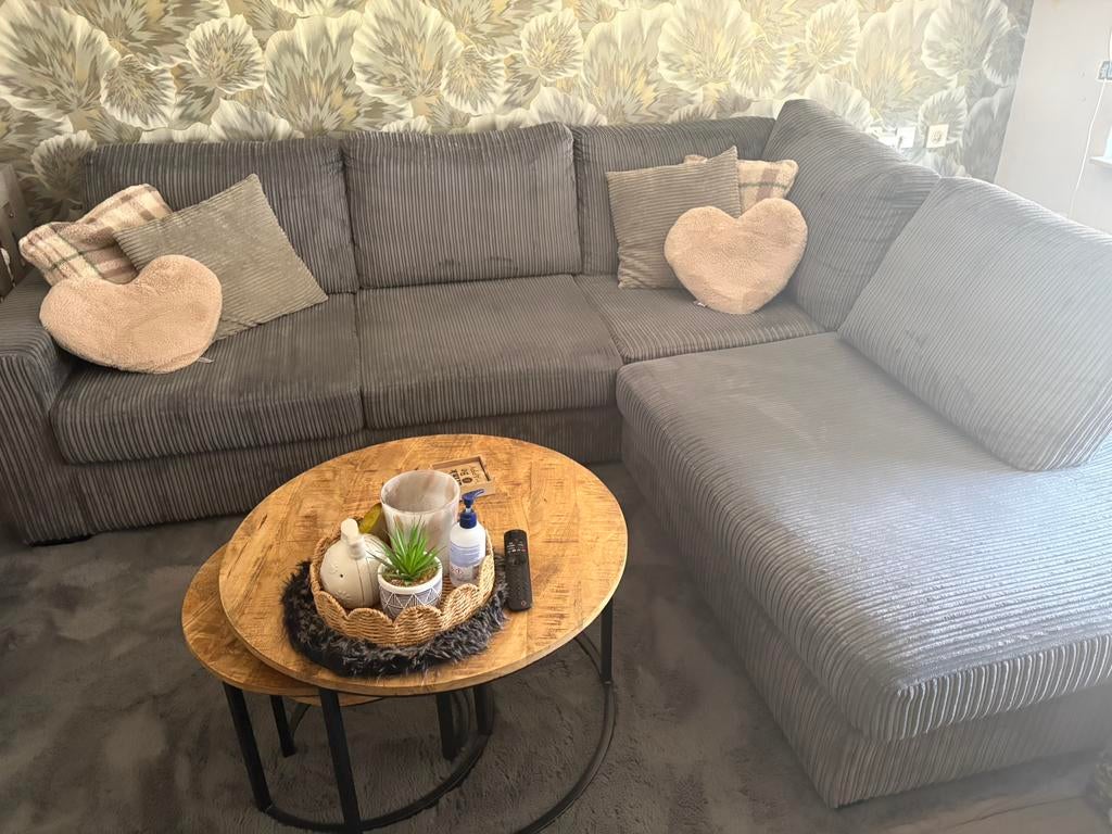 Hoekbank ribstof en fauteuil, Ophalen of Verzenden, Zo goed als nieuw