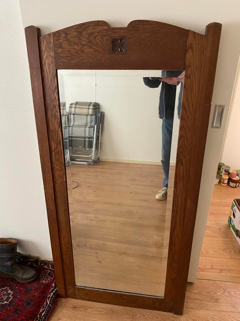 Zware houten spiegel, Antiek en Kunst, Ophalen, Rechthoekig