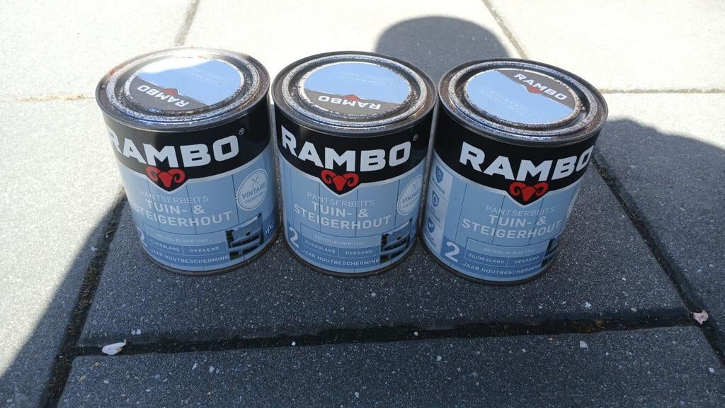 3 blikken Rambo Beits Tuin- & Steigerhout Petrol Blauw, Blauw, Nieuw, Beits, Ophalen of Verzenden