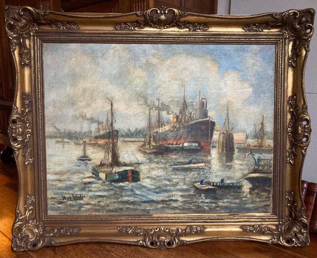 Olieverfschilderij havengezicht Rotterdam, 58,5 x 78 cm, Ophalen