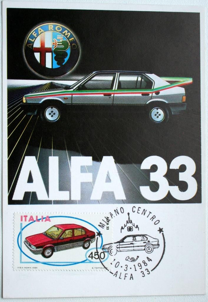 Alfa Romeo, Alfa 33 briefkaart met postzegel (ongebruikt), Ophalen of Verzenden, Zo goed als nieuw, Auto's