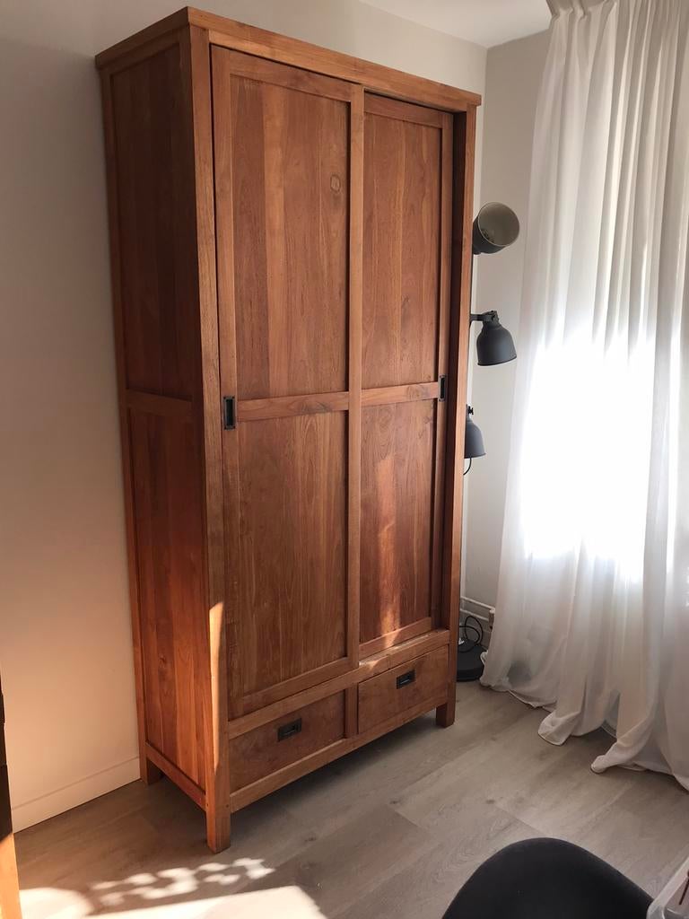 Houten teak kast, hoge kast met schuifdeuren, Met deur(en), 200 cm of meer, Teakhout, Zo goed als nieuw