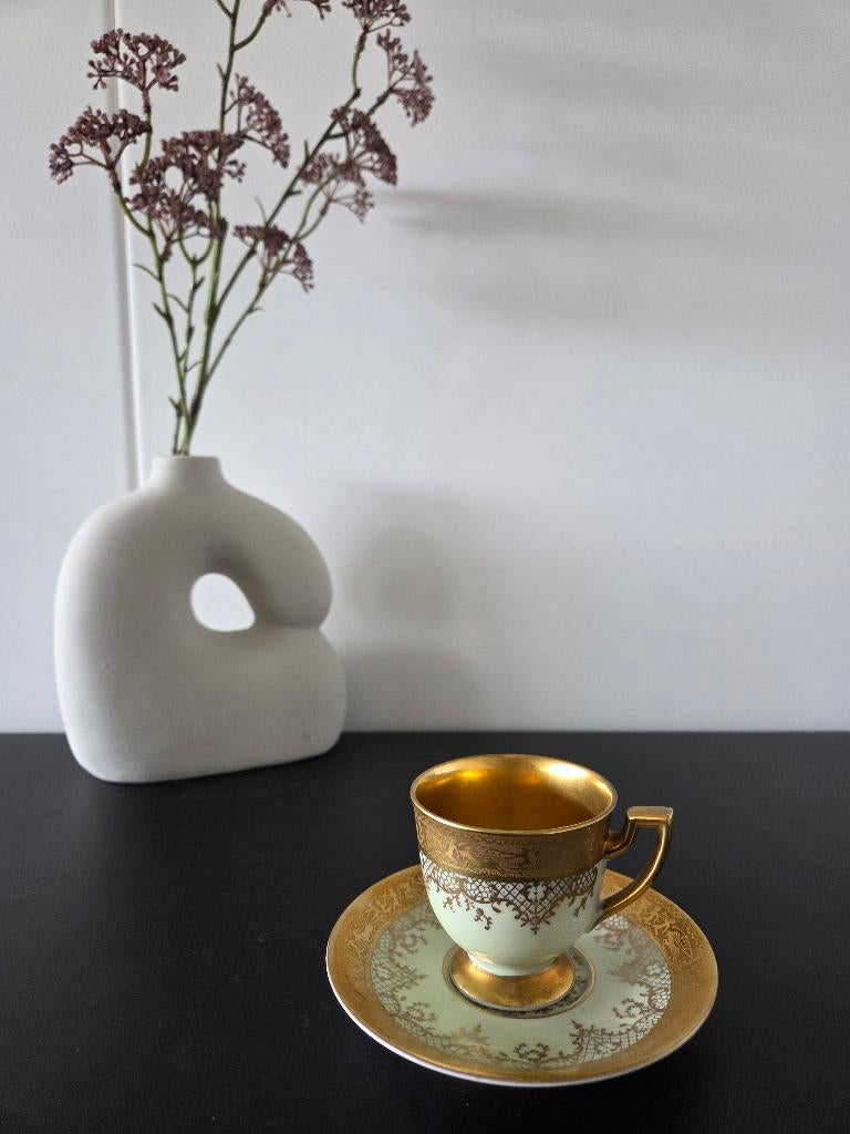 Vintage Tettau Bavaria kop en schotel mintgroen Echt Ätzgold, Ophalen of Verzenden