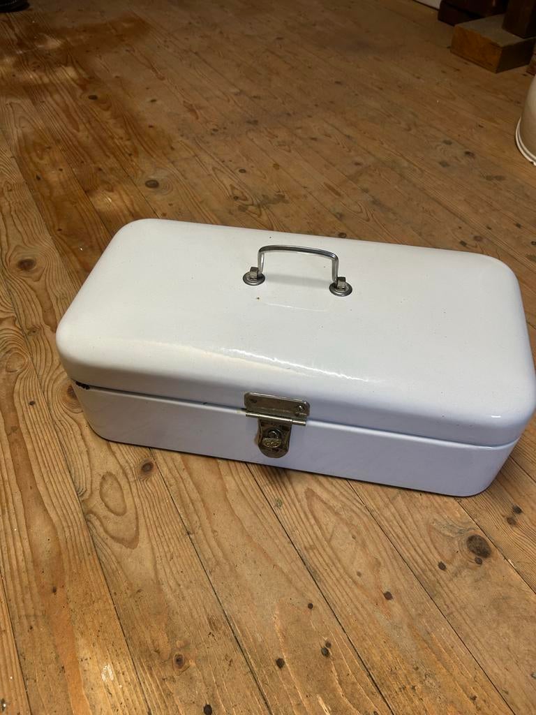 Vintage Emaille Broodtrommel - Wit met Blauwe Rand, Ophalen of Verzenden