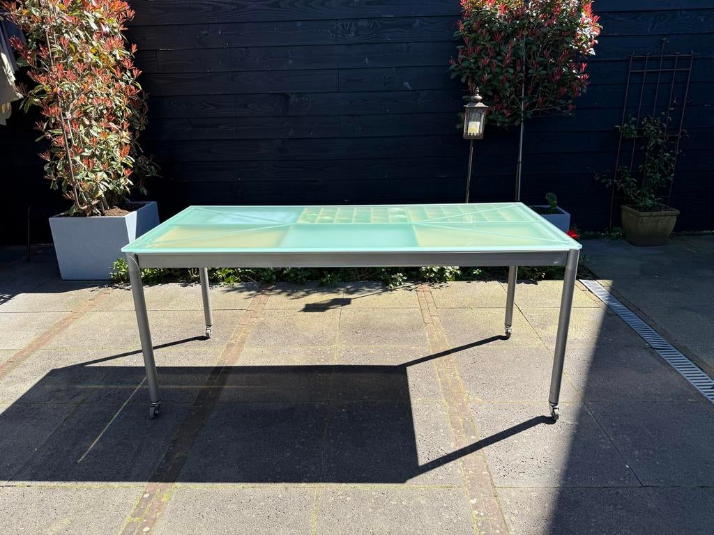 Eettafel RVS met glazen blad, Huis en Inrichting, Tafels | Eettafels, Ophalen, Gebruikt, 50 tot 100 cm, Glas