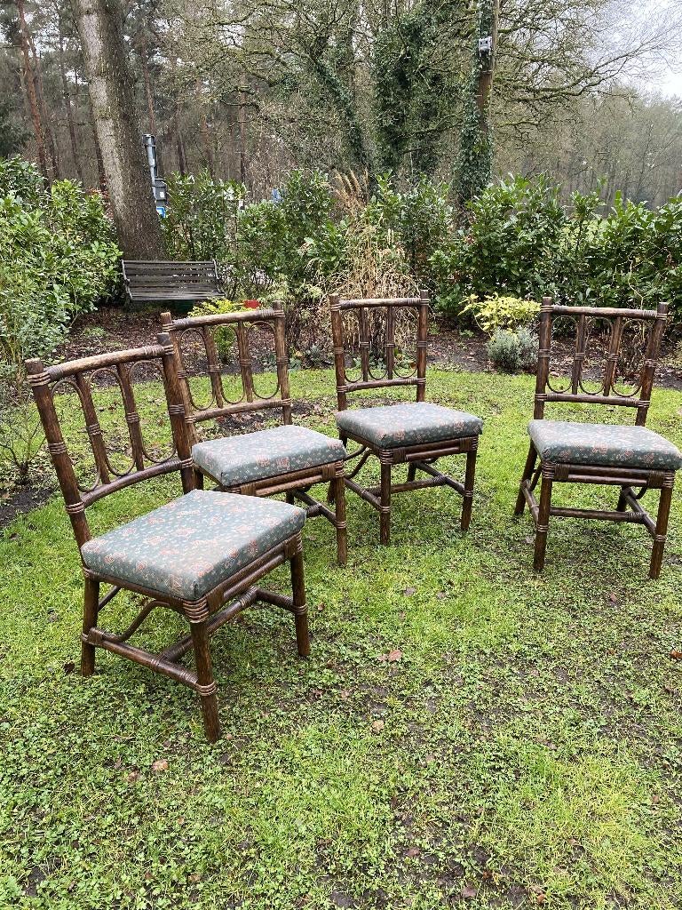 Set van 4 vintage rotan eetkamerstoelen met kussens, Huis en Inrichting, Stoelen, Gebruikt, Hout, Riet of Rotan, Stof, Bruin, Ophalen