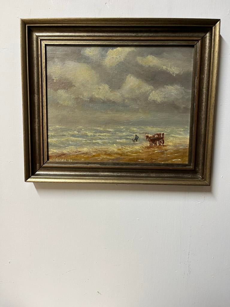 Schilderij Visser met Schelpenkar, Olieverf op Linnen, Ophalen of Verzenden