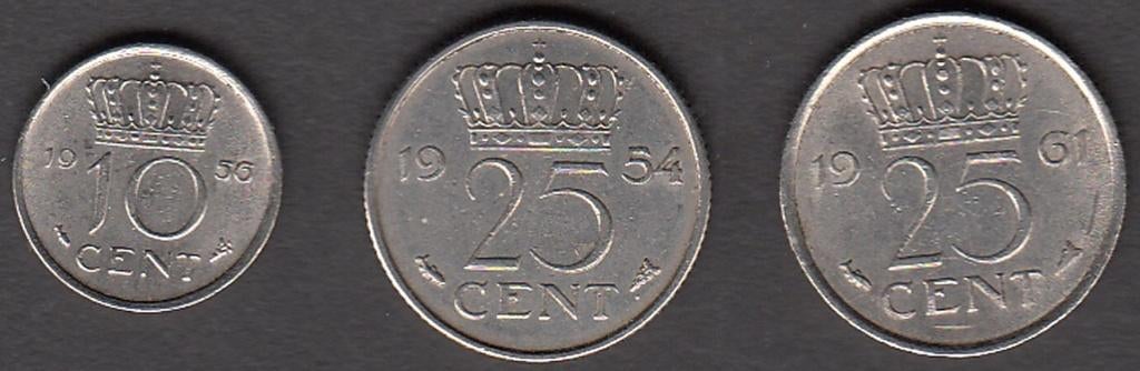 Nederland 10 cent 1956, 25 cent 1954 + 1961 Juliana UNC, Ophalen of Verzenden, Koningin Juliana, 25 cent, Setje