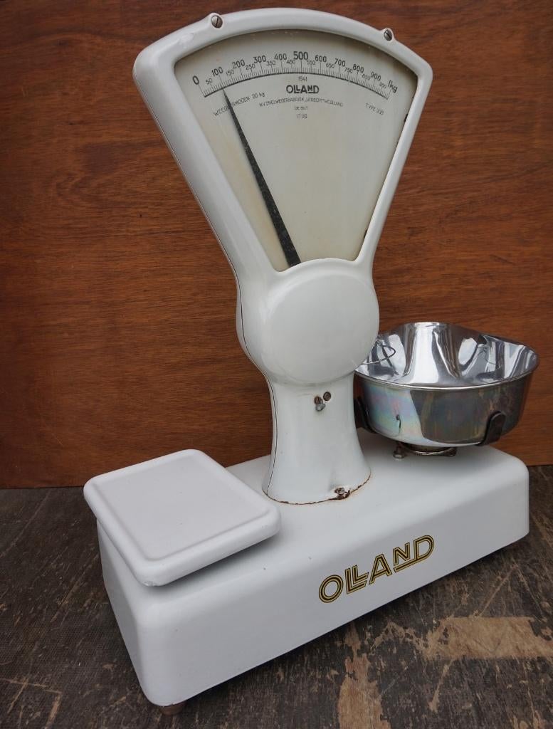 Goed werkende vintage OLLAND emaille winkel weegschaal, Ophalen, Gebruikt, Winkelweegschaal, 500 gram of grover
