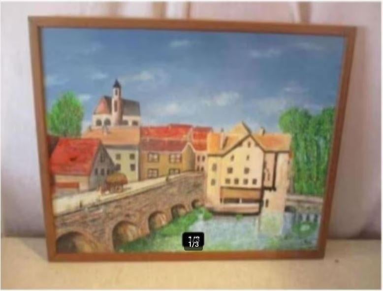 Leuk Geschilderd Werk 'Oude Brug en Stad' - L Nijs, Antiek en Kunst, Ophalen of Verzenden