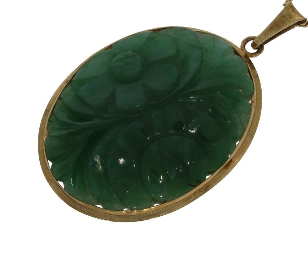Jade Nefriet bloem 14k gouden vintage ketting hanger groot, Voordeelsieraden, Ophalen of Verzenden, Zo goed als nieuw, Info@voordeelsieraden.nl