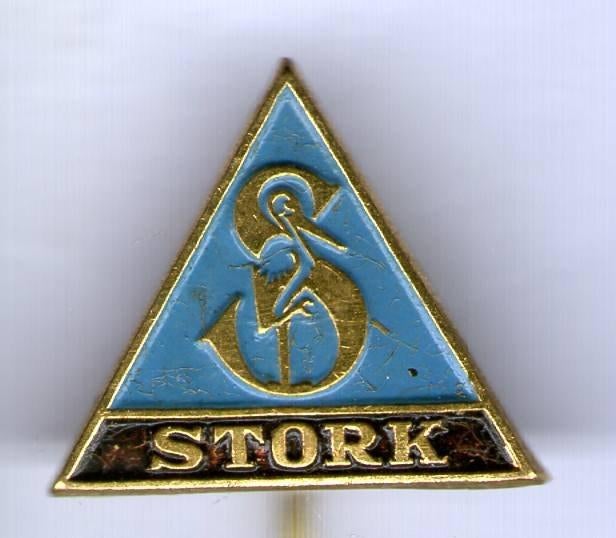 Machinefabriek Stork blauw/zwart op koper speldje ( U_471a ), Verzenden, Zo goed als nieuw, Transport, Speldje of Pin