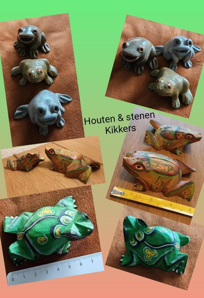 6 Kikkers houtsnijwerk & steen, vintage verzamelen ca.8/10cm, Overige typen, Overige onderwerpen, Handgemaakt, Ophalen of Verzenden