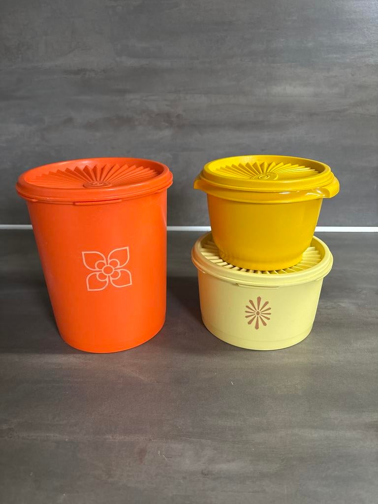 Vintage Tupperware Bakjes - Jaren 70 Oranje, Geel, Crème, Ophalen, Gebruikt, Oranje, Bus of Trommel