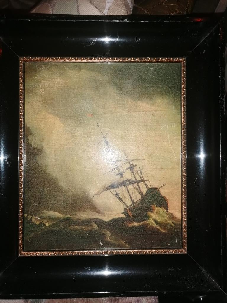 Antiek Schilderij: Schip in Storm op Zee, 30x30 cm, Ophalen of Verzenden
