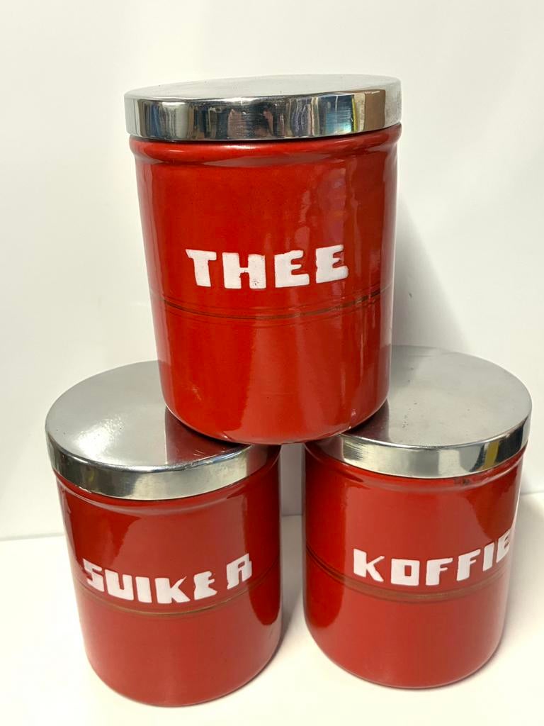 3 prachtige emaille voorraad blikken, Ophalen of Verzenden