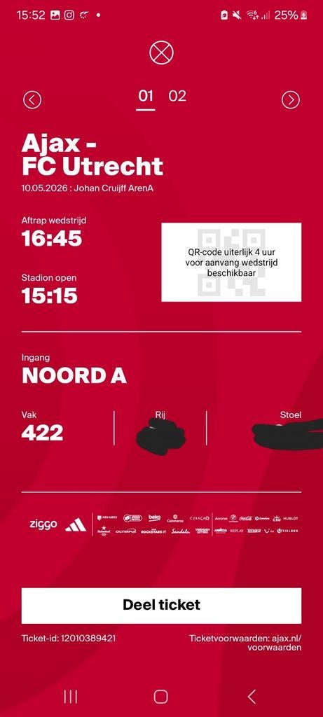 Twee kaarten  naast elkaar voor Ajax Utrecht, Twee personen, Mei