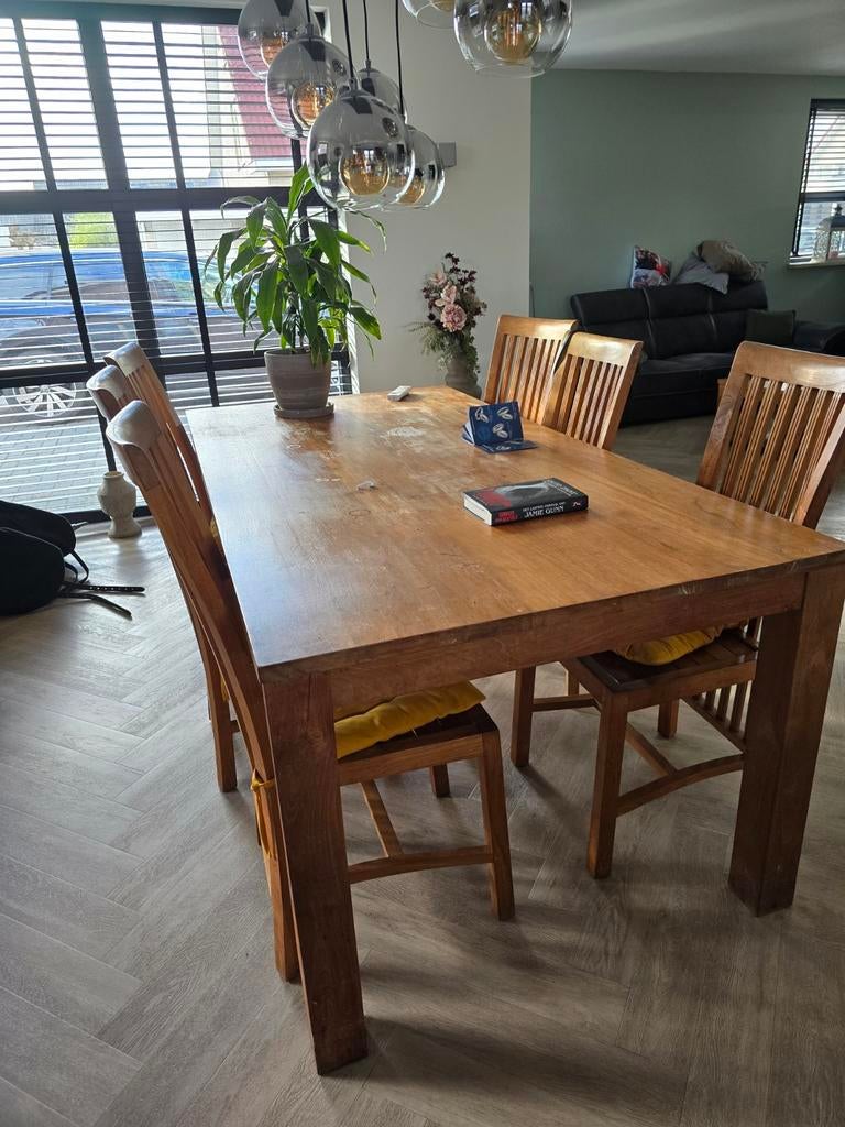 Massieve Teakhouten Eethoek 200x100 met 6 Stoelen, Huis en Inrichting, Tafels | Eettafels, Gebruikt, 200 cm of meer, Rechthoekig