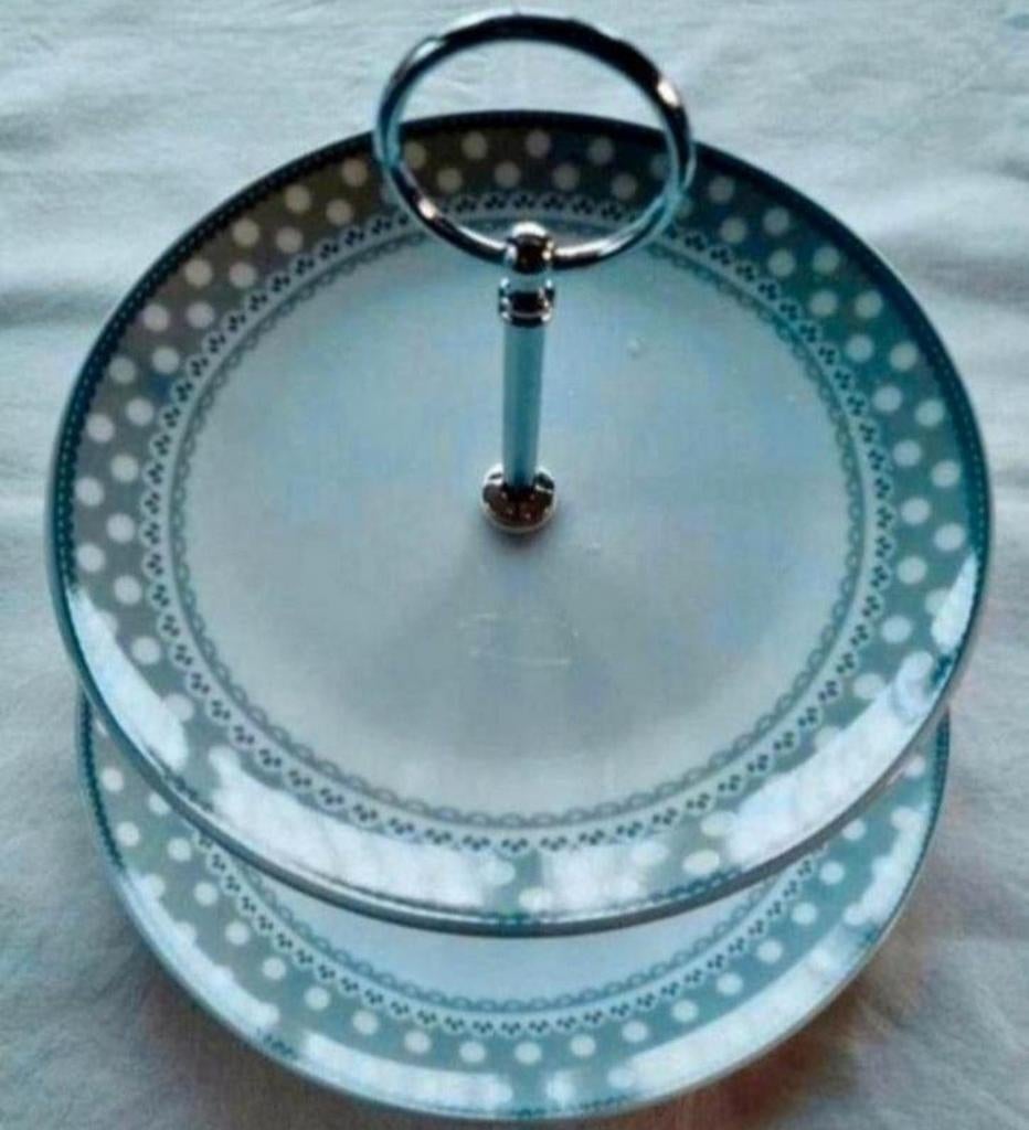 Gusta vintage witte stippen etagere grijze randen 2 borden, Ophalen of Verzenden