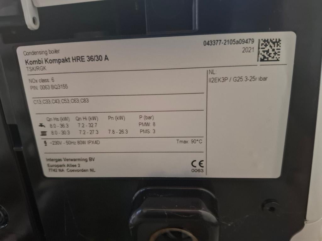 Intergas kombi kompakt hre3630A bj 2021 cw5, Ophalen, 30 tot 80 cm, Cv-ketel of Combi-ketel, Minder dan 60 cm