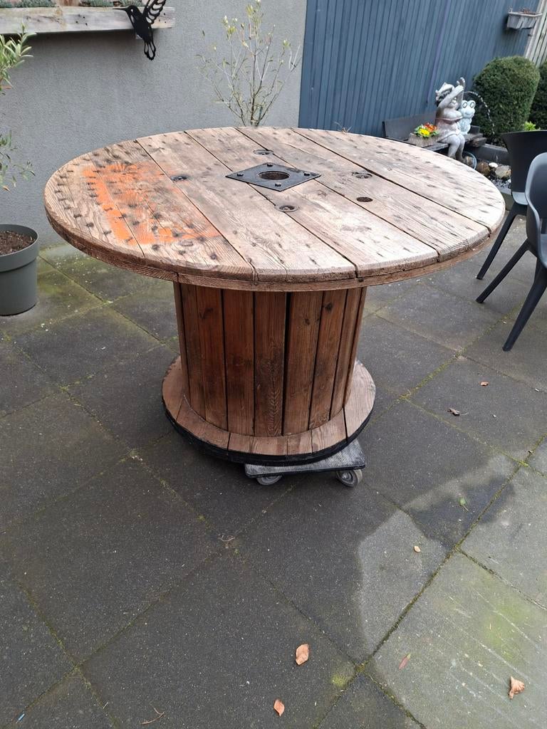 Unieke houten tuintafel van haspel - Ø125cm, H80cm, Tuin en Terras, Tuintafels, Ophalen, Gebruikt, Rond, Hout