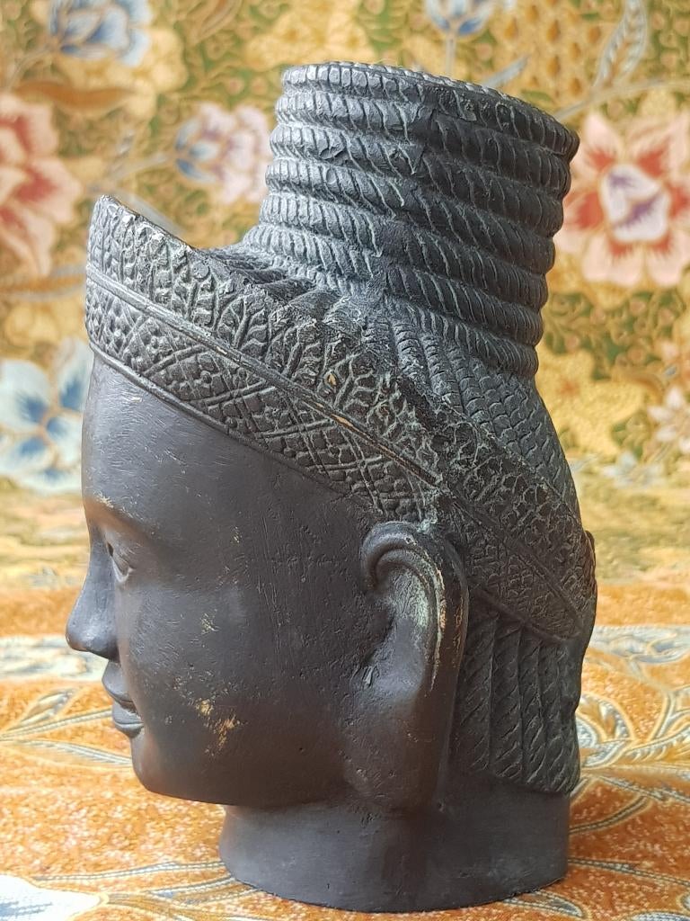 Mooi antiek brons hoofd uit Cambodja van Vishnu 14,5 cm., Antiek en Kunst, Ophalen of Verzenden