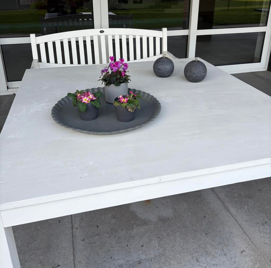 Tuintafel teak gebroken wit gespoten, Tuin en Terras, Ophalen of Verzenden, Gebruikt, Vierkant, Teakhout