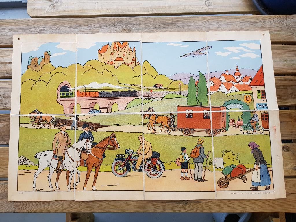 Transport oude schoolplaat uit Frankrijk litho op canvas., Antiek en Kunst, Ophalen of Verzenden