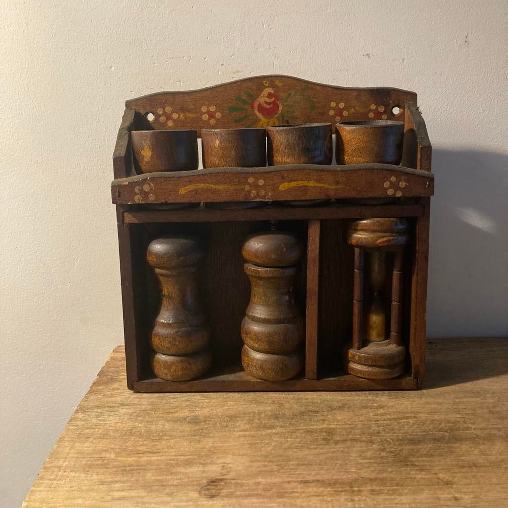 Houten eierdoppen, pepermolen en zoutvaatje set, Ophalen of Verzenden